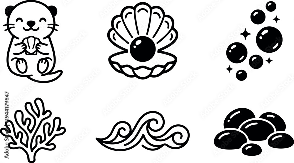 Fototapeta premium Cute smiling otter holding shell pearl with coral waves bubbles and stones vector line art icons set