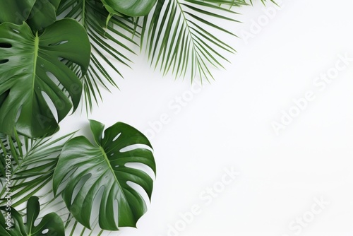Monstera leaves border green vegetation rainforest.