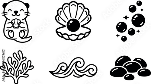 Cute smiling otter holding shell pearl with coral waves bubbles and stones vector line art icons set