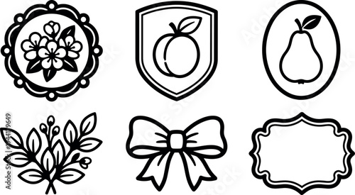 Black line art floral badge with flowers vector art peach fruit shield pear icon ribbon bow and decorative frame elements set