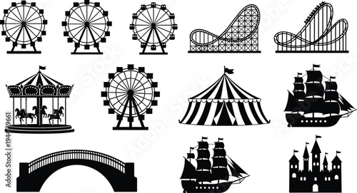 Amusement park silhouette set with ferris wheel, roller coaster, carousel, circus tent, pirate ships, bridge and castle icons isolated on light background