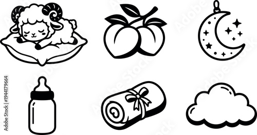 Cute sheep sleeping on pillow with peaches crescent moon baby bottle rolled towel and cloud line art vector icons