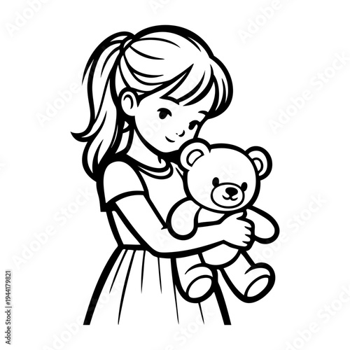 Dibujo sencillo con líneas de una niña feliz, con ropa informal, que se divierte abrazando a un oso de peluche