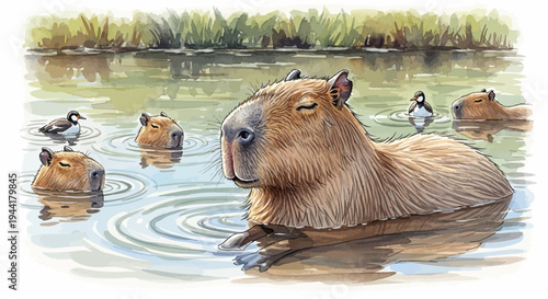 Adorable Capybara Family Relaxing Together in a Calm Lake with Ducks