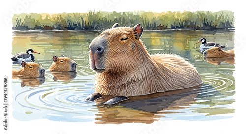 Adorable Capybara Family Relaxing in Water with Ducks Wildlife Illustration