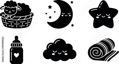 Cute sleepy sheep in basket moon with stars smiling cloud and star baby bottle and rolled blanket vector black silhouette set