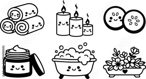 Cute kawaii style spa icons including rolled towels burning candles cucumber slices open cream jar bubbly bathtub and flower basin