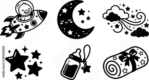 Cute baby duck in rocket ship stars moon clouds baby bottle and rolled blanket black silhouette vector art set