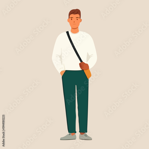 Casual Male Character with Crossbody Bag Illustration – Modern Street Style for Fashion, Lifestyle & Digital Platforms