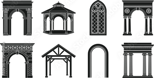 Classic Architectural Arches and Columns Silhouette Set, Historic Doorways, Stone Portals and Pavilion Structures Collection, Ancient European Design Elements, Isolated Vector Illustration