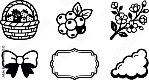 Black and white vector icons set with basket of berries blueberry branch floral bow cloud and decorative label illustration collection