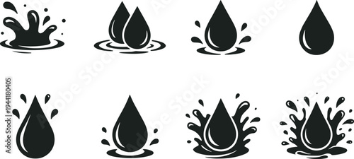 Collection of water drop splash icons and droplets set, liquid splash symbols isolated, ripple effects, fluid shapes for logo design, eco water concept vector