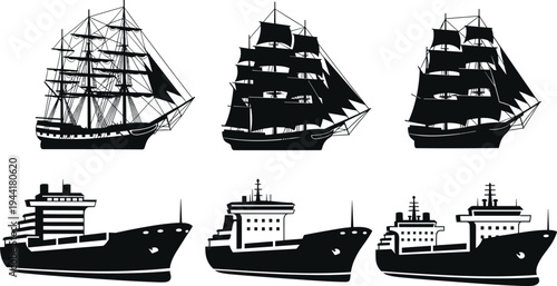 Collection of sailing ships and modern cargo vessels silhouettes, vintage tall ships and industrial freight tankers vector set isolated on light background maritime design