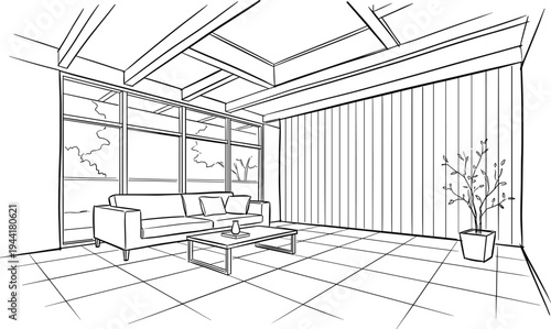 Streamlined interior perspective of a minimalist living room featuring a large gridded window wall, ceiling beams, and a vertical-slat feature wall.