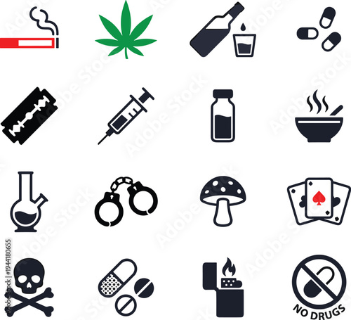 Drug addiction and substance abuse icons set, smoking, cannabis, alcohol, pills, syringe and no drugs warning symbols vector