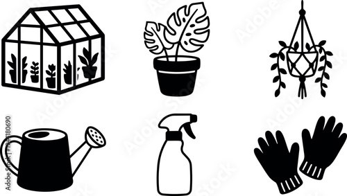 Black and white minimalist vector icons set of greenhouse potted plant hanging planter watering can spray bottle and gardening gloves