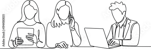 Three People in a Meeting Drawn with Continuous Line Art untitled vector