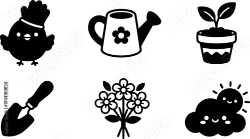Cute garden vector icons set with baby chick shovel watering can potted plant flowers happy sun and cloud elements