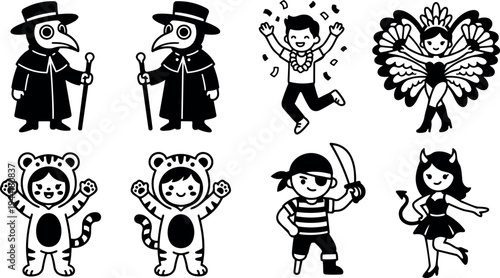 Black and white vector art of children wearing tiger costume dancing pirate girl devil costume carnival boy celebrating with confetti and plague doctor mask character set