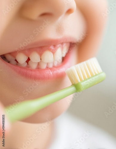 Primer plano de una boca sonriendo con un cepillo de dientes.