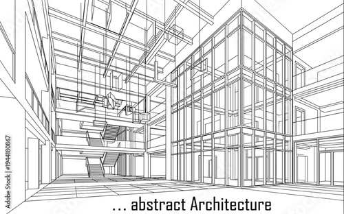 Technical interior architectural atrium sketch featuring an exposed structural ceiling, multi-level staircases, and a central glass elevator core.