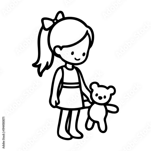 Dibujo sencillo con líneas de una niña feliz de pie, con ropa informal, llevando en la mano a un oso de peluche