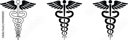 Three Caduceus medical symbols in outline and solid black variations Keywords: Caduceus, medical, symbol, health, healthcare