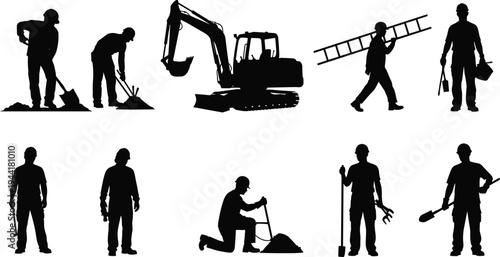 Construction Worker and Excavator Silhouettes Set, Builders Digging and Carrying Tools Collection, Heavy Equipment Operations, Industrial Labor Occupations, Isolated Vector Illustration on White