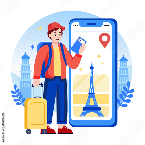 A flat style illustration showing travel app