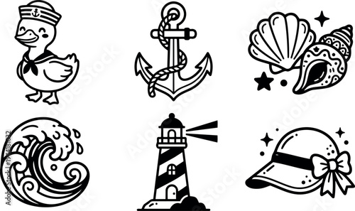 Black and white line art sailor duck wearing hat anchor with rope seashells ocean wave lighthouse and bow hat vector icons set