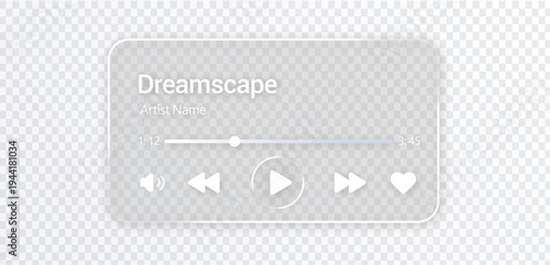 Liquid glass music player interface on transparent background with play button, progress bar and audio controls