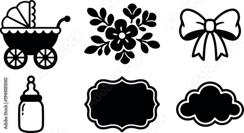 Minimalist icon set of baby carriage floral decoration bow bottle label and cloud silhouette vector art in black and white design