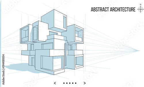 Technical two-point perspective study of a modular cubic cluster featuring shaded blue planes, drafting grids, and an interactive interface layout.