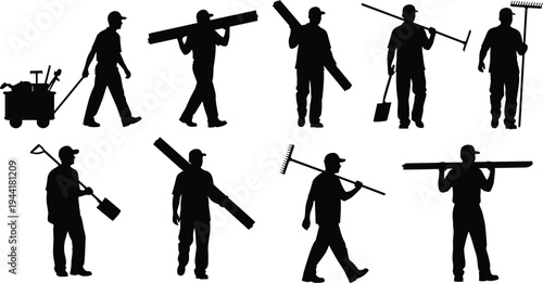 Construction worker silhouettes carrying tools and equipment set, builders walking with materials, manual labor occupation collection isolated on light background illustration