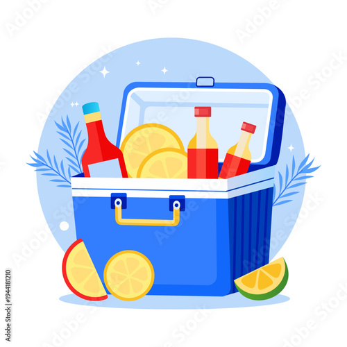 A flat style illustration showing ice cooler