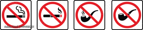 No smoking prohibition signs collection, cigarette and tobacco pipe ban icons with red warning circle isolated vector illustration