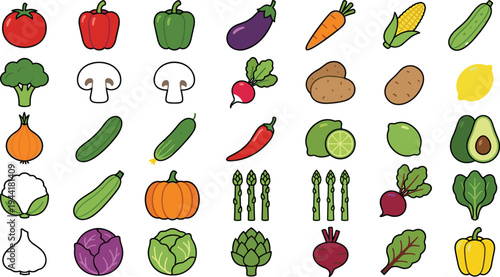 Colorful vegetable icons collection, fresh healthy food vector set with broccoli carrot tomato pepper cucumber mushroom and farm organic produce illustration