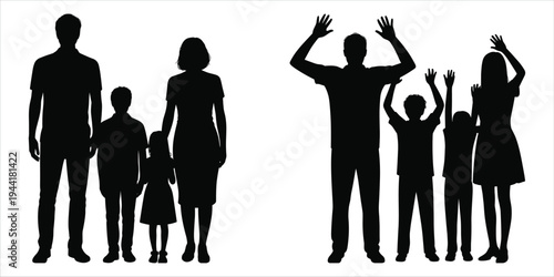 Silhouettes of two families standing against a white background family people