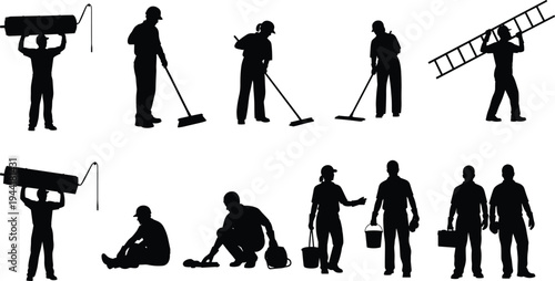Construction worker silhouettes performing cleaning, carrying tools and maintenance tasks, professional labor occupation characters set isolated on light background illustration