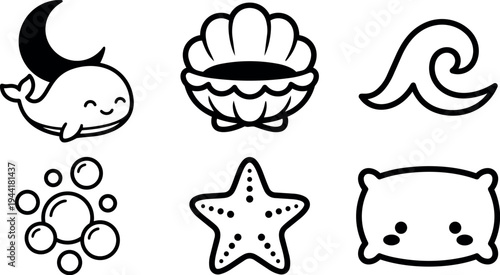 Cute whale with smiling face and fin shell wave starfish bubbles and pillow black line icons set on white background