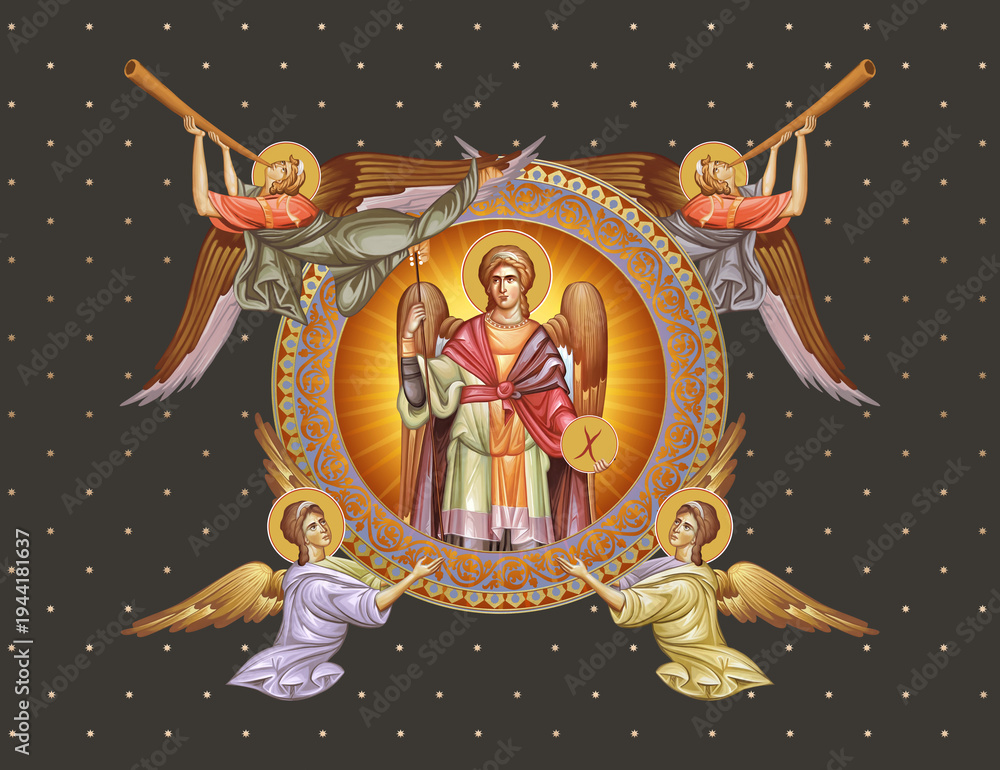 Obraz premium Decorative vintage illustration with Archangel Gabriel and angels in Byzantine style