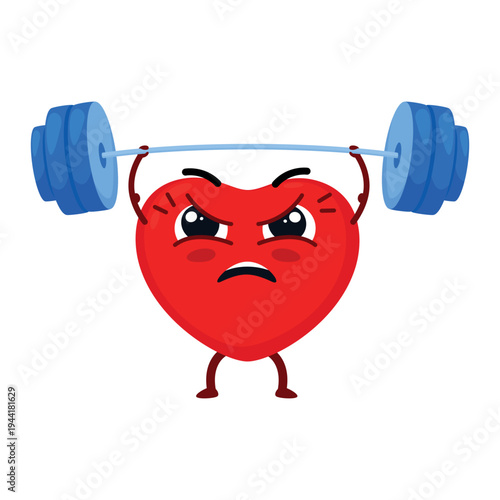 A cartoon character in the shape of a heart lifts a heavy barbell over his head, symbolizing endurance and strength in the work of the heart.
