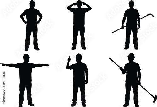 Construction worker silhouettes set showing builder poses with tools and gestures, industrial labor occupation characters isolated on light background vector illustration