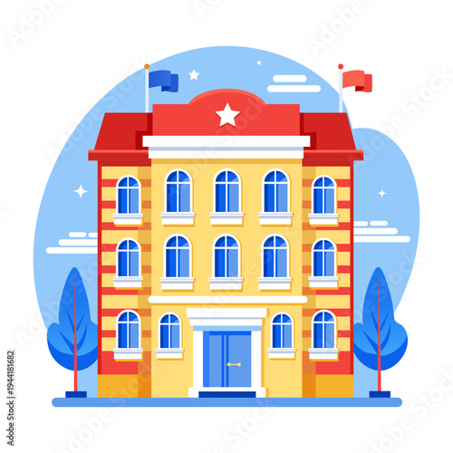 Flat style illustration depicting hotel building
