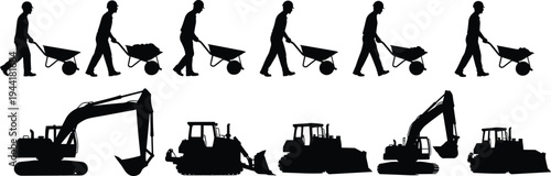 Construction worker silhouettes with wheelbarrows and heavy machinery equipment set, excavator bulldozer loader vehicles, industrial labor transportation vector illustration collection