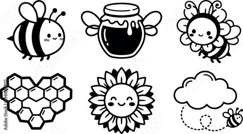 Cute bee and honey jar icons with smiling sunflower flower cloud and honeycomb hexagon vector line art drawings on white background