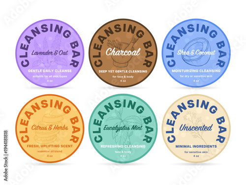 A set of different labels for cleansing soaps. Each label has a unique scent and contains information about the product type and its benefits. The labels are bright and simple.