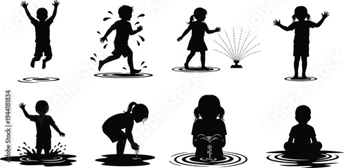 Silhouettes of children playing and splashing in water and puddles Keywords: children, kids, playing, splashing, water, puddles