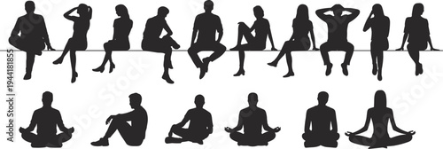 Silhouettes of people sitting and meditating in yoga poses on white background vector illustration