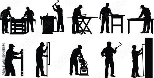 Construction workers and carpenters silhouettes set, industrial laborers using tools and machinery, professional builder occupations collection isolated on light background illustration